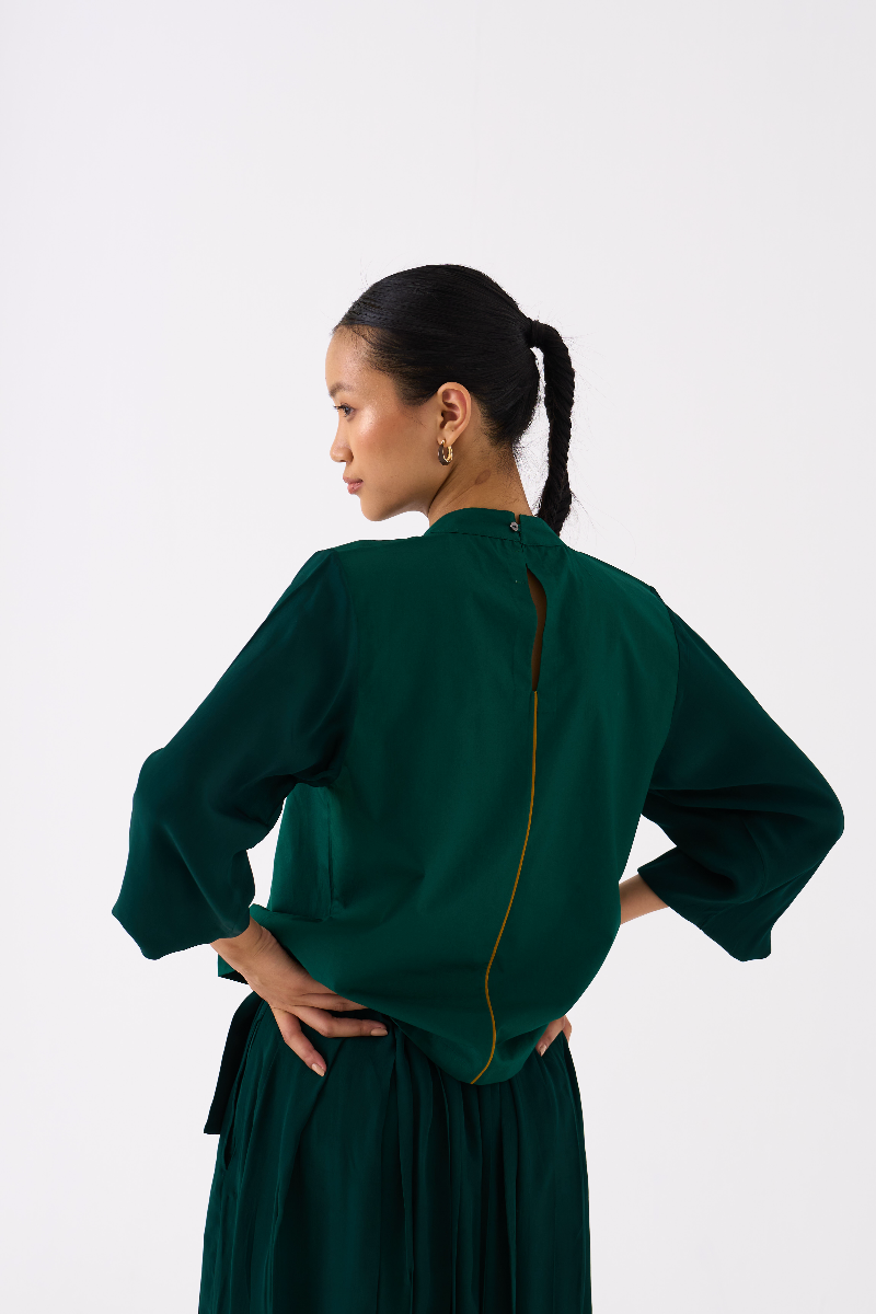 FLORAL APPLIQUE TOP-DARK GREEN poplin by THREE in green color for women Worldwide
