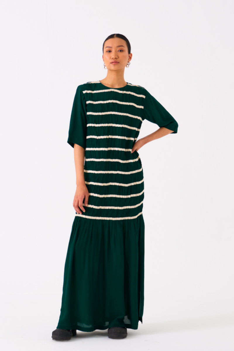 SHIRRING DRESS-GREEN by THREE in green color for women Worldwide