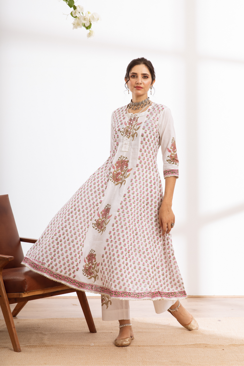 Himshweta - white hand block printed cotton kalidar set cotton by Maison Shefali in white color for women Worldwide
