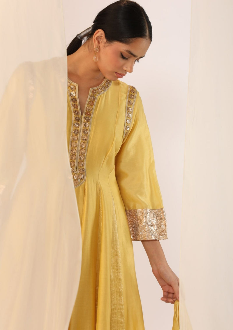Godet kurta gota handwork with luxrious dupatta silk by Myoho in yellow color for women Worldwide