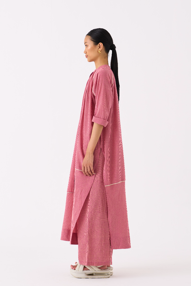 GATHER NECK SHIRT-PINK CHECK mul by THREE in pink color for women Worldwide