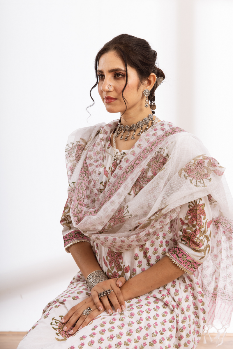 Himshweta - white hand block printed cotton kalidar set cotton by Maison Shefali in white color for women Worldwide