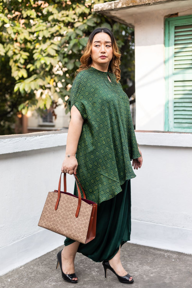 Soho Green Ajrakh Asymmetric Tunic Set satin by PRAHNAAYA in green color for women Worldwide
