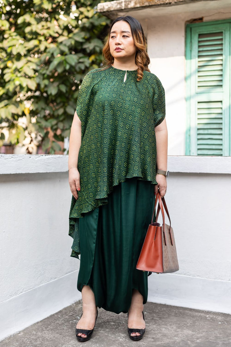 Soho Green Ajrakh Asymmetric Tunic Set satin by PRAHNAAYA in green color for women Worldwide