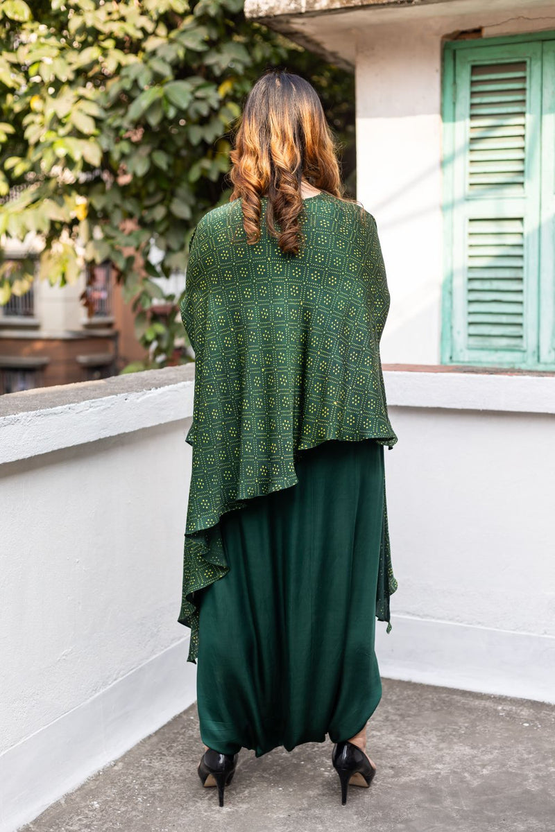 Soho Green Ajrakh Asymmetric Tunic Set satin by PRAHNAAYA in green color for women Worldwide