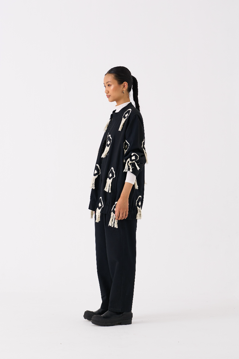 FRINGE BOMBER JACKET CO-ORD 
(SET OF 2)-BLACK by THREE in black color for women Worldwide