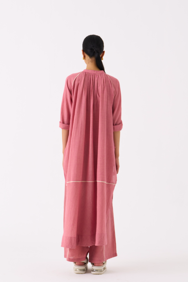 GATHER NECK SHIRT-PINK CHECK mul by THREE in pink color for women Worldwide