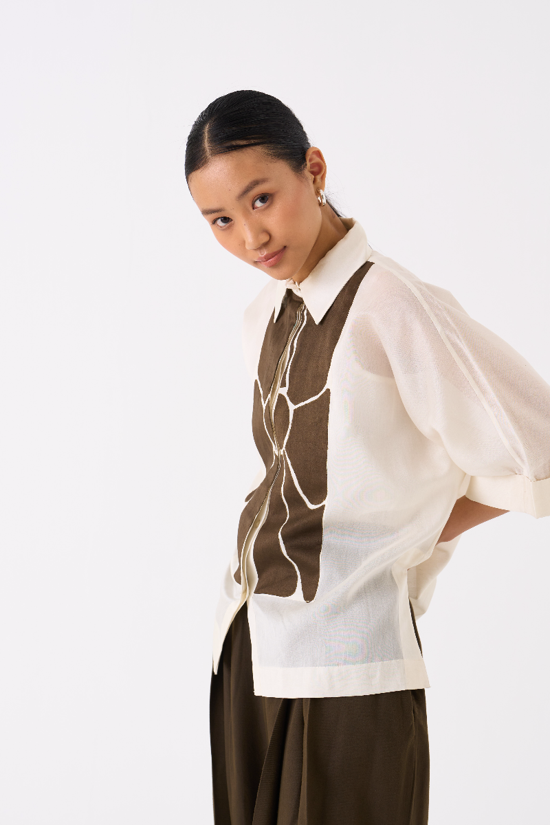 FLORAL APPLIQUE SHIRT-IVORY chanderi by THREE in ivory color for women Worldwide