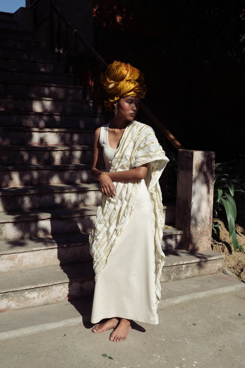 NAVA WOVEN SARI DRESS 100% cotton by Ituvana in ivory color for women Worldwide