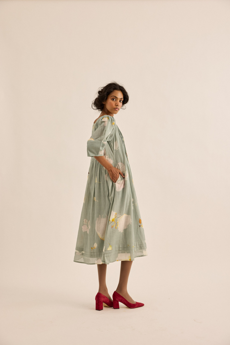 Cornflower Dress mul dress by Khara Kapas in sage green for women Worldwide