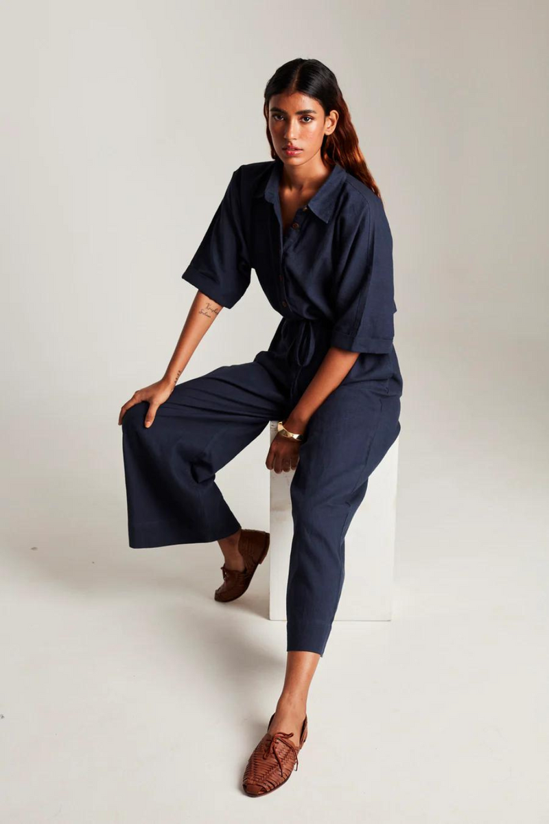 Navy Co-Linen Boilersuit cotton by Saphed in navy color for women Worldwide