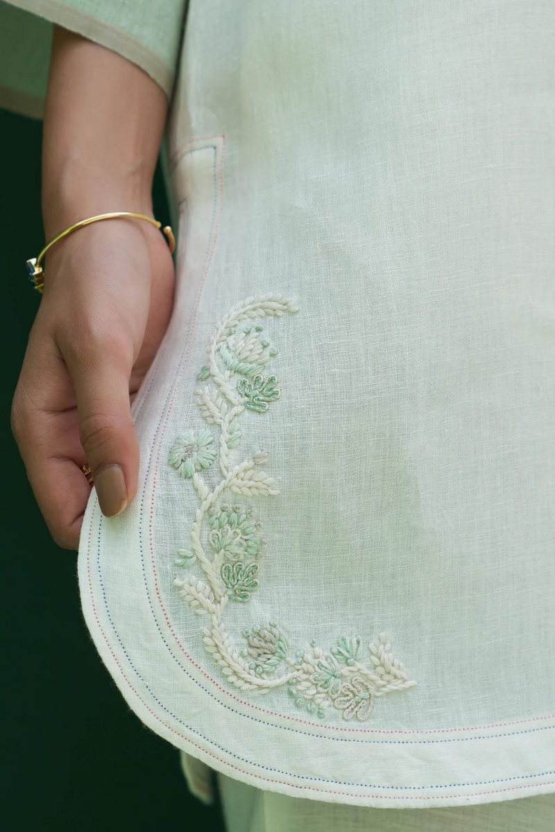 Insha Hand-Embroidered Kurta
 - Ivory linen by Manan in ivory color for women Worldwide