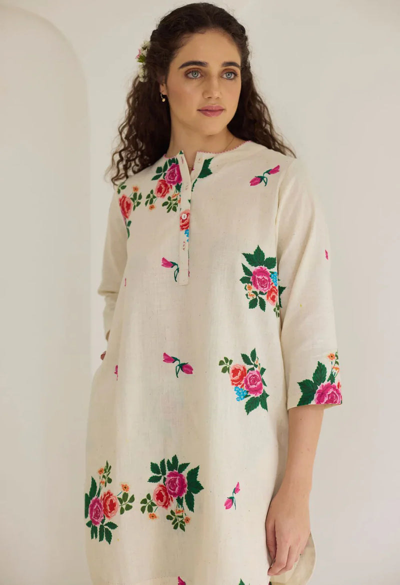 Rose Chintz Short Kurta Set cotton by Nadiya Paar in white color for women Worldwide