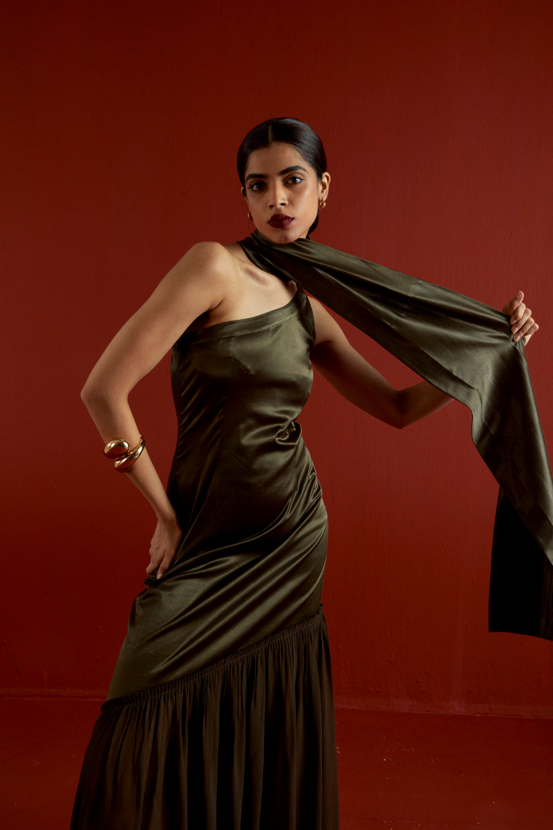 ONE SHOULDER DRESS-DARK OLIVE satin by THREE in olive color for women Worldwide