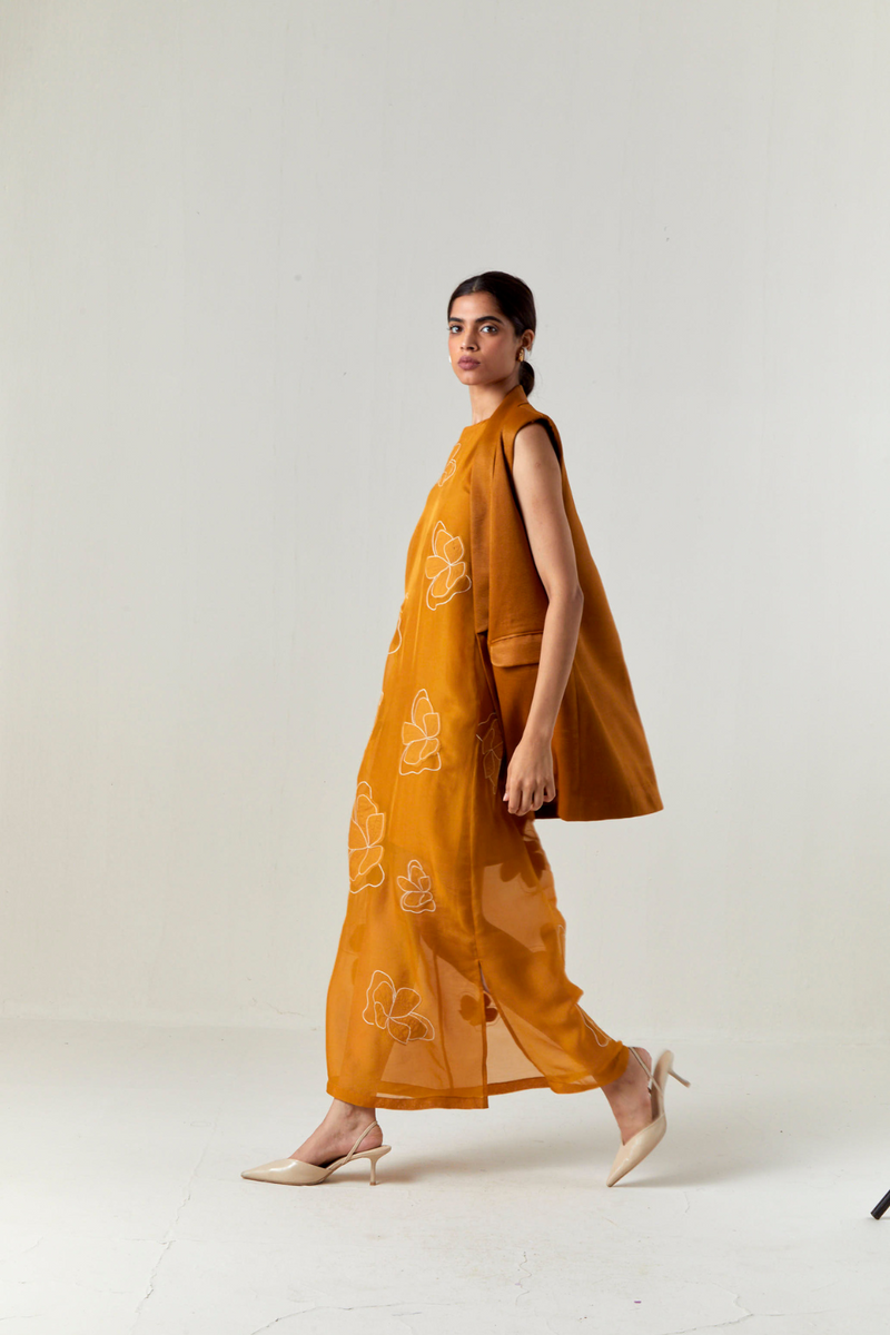 COLLARED WAIST COAT CO-ORD-OCHRE satin by THREE for women Worldwide