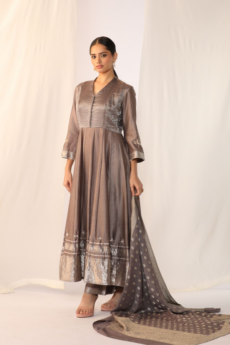 Chanderi silk kurta with duppata and pants chanderi by Myoho in grey color for women Worldwide