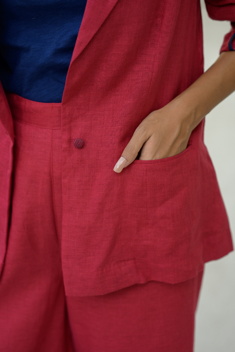 Crimson Sky Suit linen co-ord set by Zanzibar Living in crimson red for women Worldwide