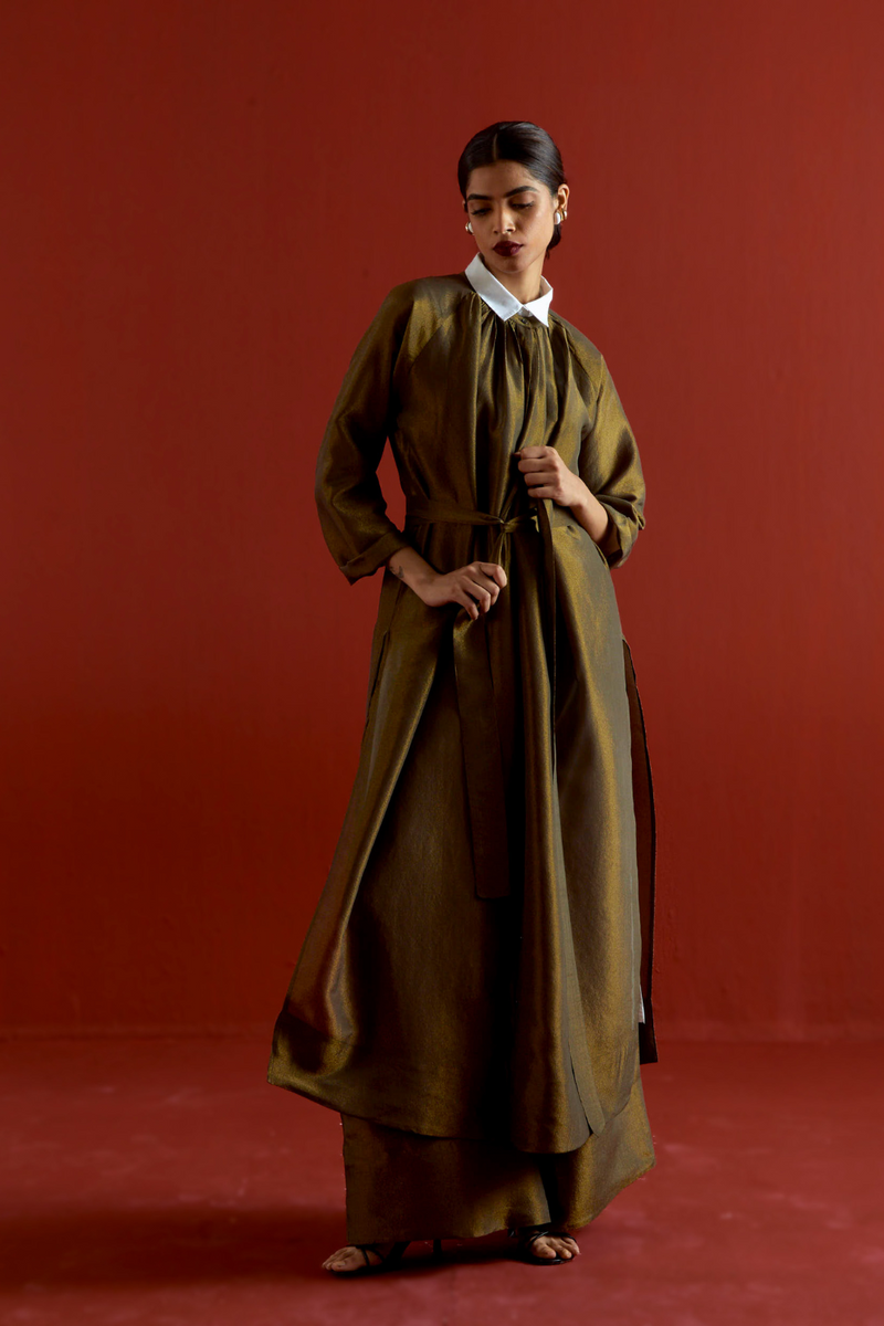 GATHER NECK SHIRT CO-ORD-OLIVE GOLD tissue by THREE in gold color for women Worldwide