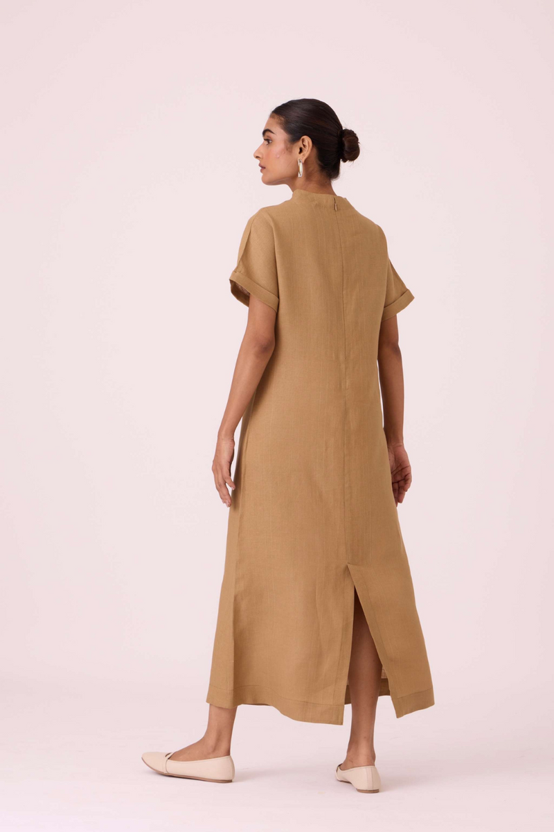 Salome Tan Linen Dress linen by The Summer House in olive color for women Worldwide