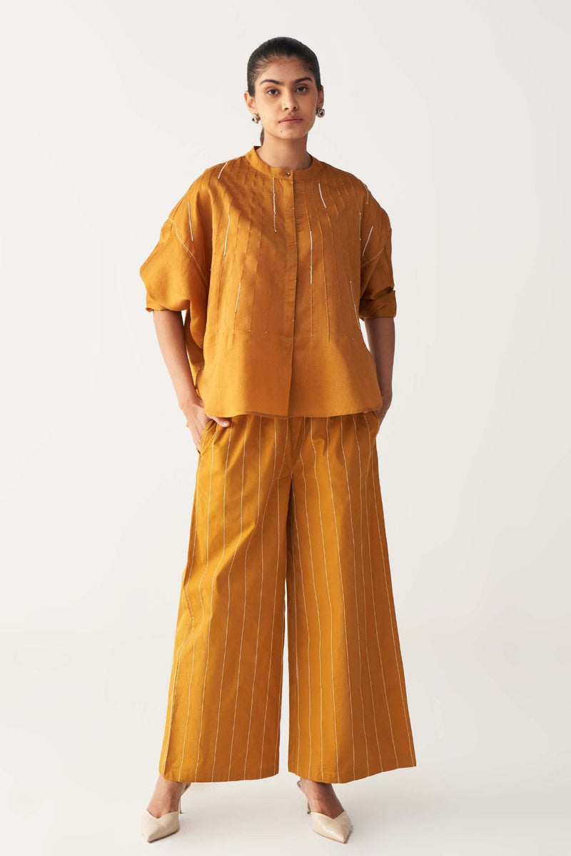 PINTUCK BAT SLEEVE TOP CO-ORD-MUSTARD chanderi by THREE in mustard color for women Worldwide