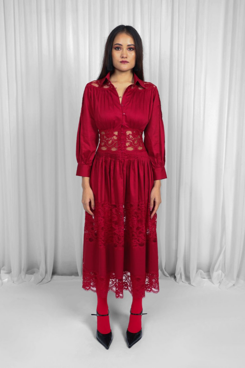 Salem Dress-Red 100% cotton by Leh Studios in red color for women Worldwide