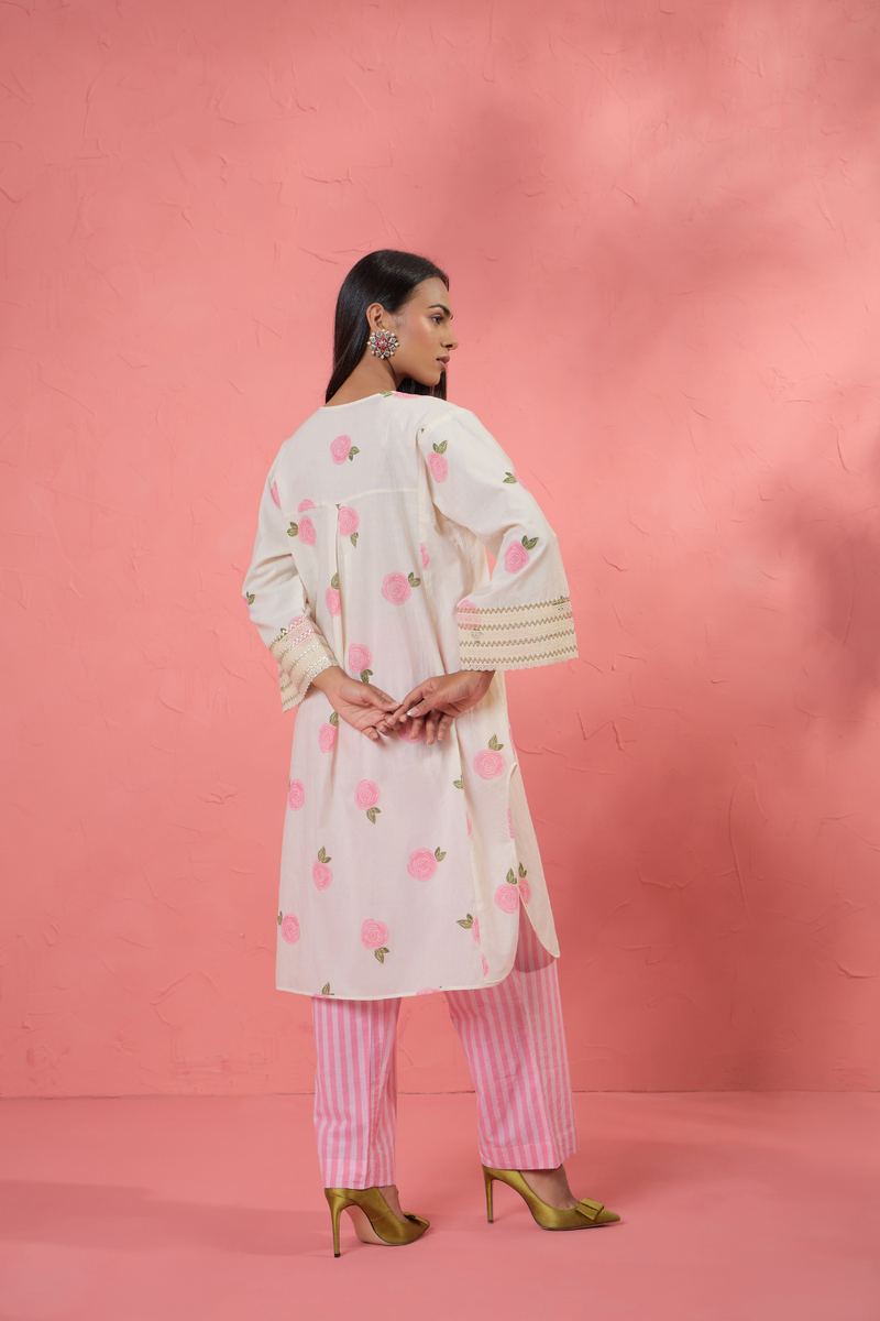 Gul Rose Set 3 cotton cambric light kurta set by AAVIDI in off white for women Worldwide