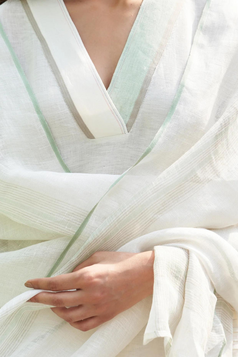 June Border Linen Kurta Set
 - Ivory linen by Manan in ivory color for women Worldwide