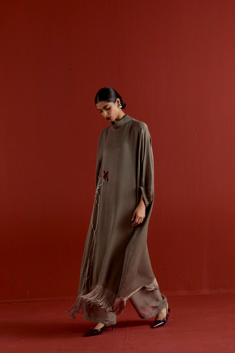 FLORAL FRINGE KAFTAN CO-ORD-CEDAR satin by THREE for women Worldwide