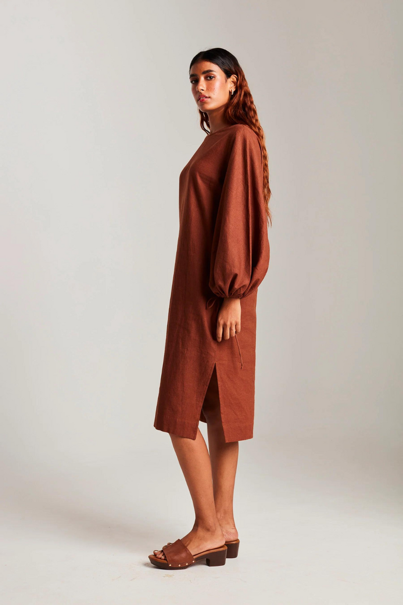 Mocha Co-Linen Balloon Sleeves Dress cotton by Saphed in brown color for women Worldwide