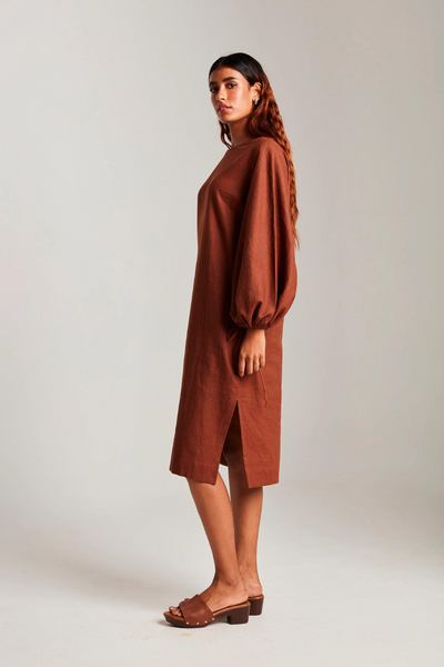 Mocha Co-Linen Balloon Sleeves Dress