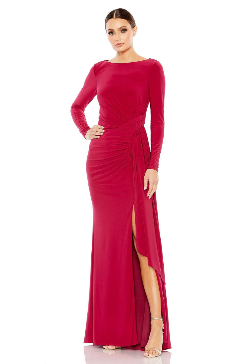 26714-Ruched Long Sleeve Cowl Neck Gown by Mac Duggal in pink color for women Worldwide