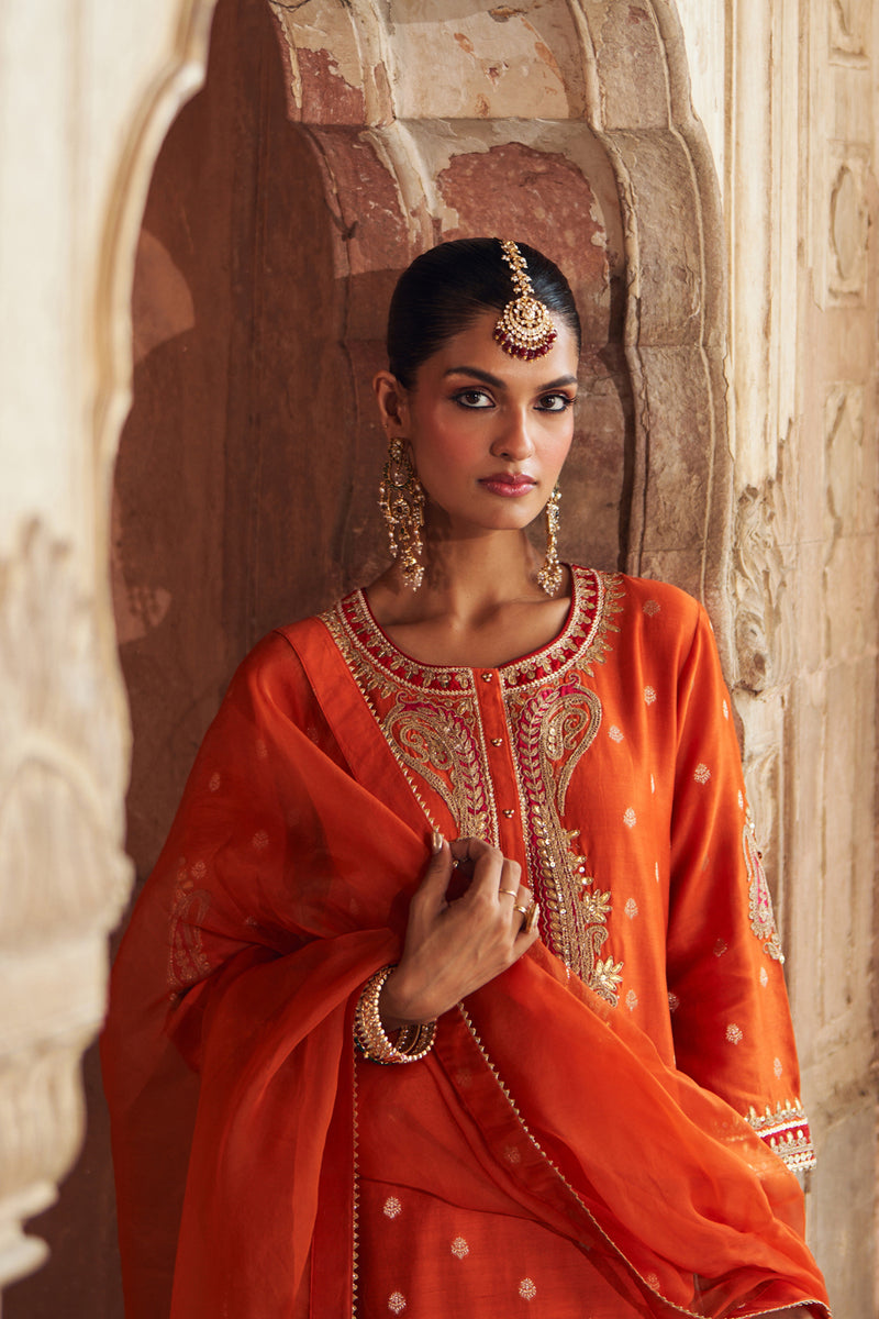 FAHMIDA - BURNT ORANGE SHORT KURTA WITH SALWAR chanderi silk kurta/kurta set by SHEETAL BATRA in orange for women Worldwide