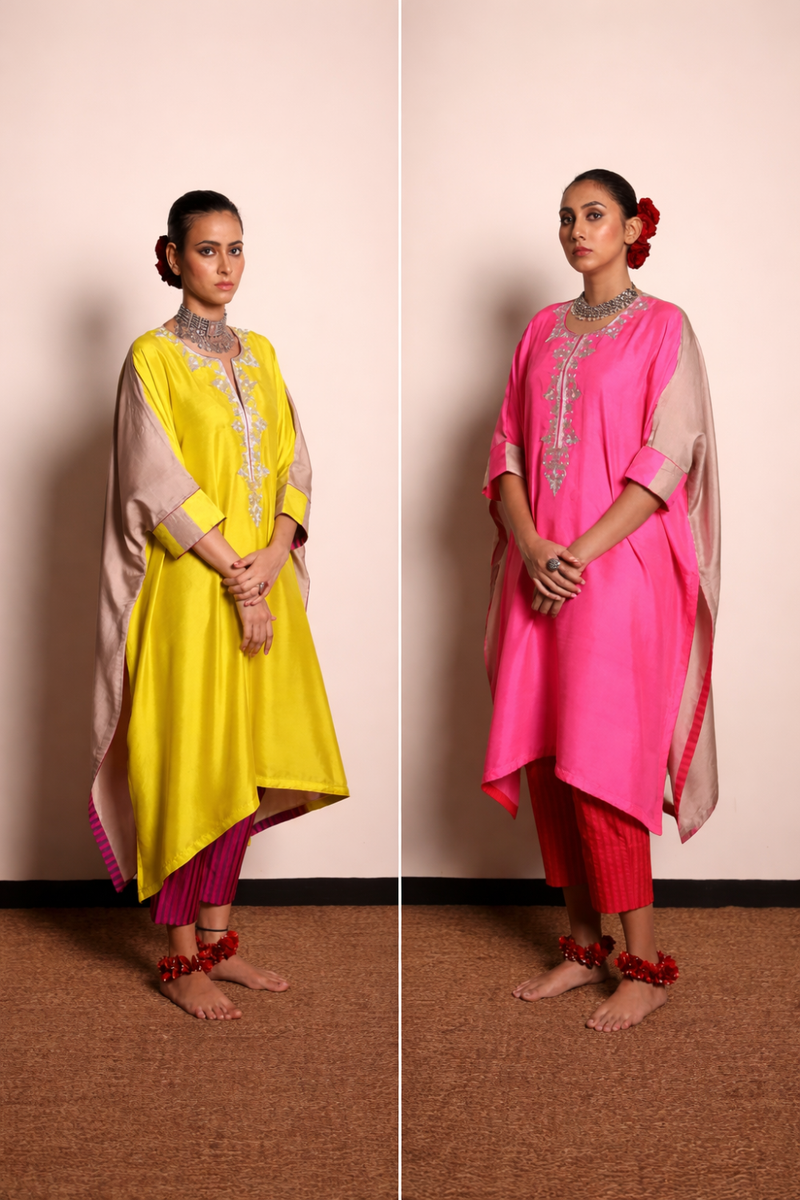 1⁄2 & 1⁄2 Silk Kurta & Striped Silk Pant-Champainge Beige silk by Sabo by Sabina for women Worldwide