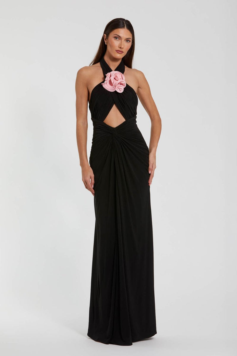 27572-Jersey Crossover Halter Neck Gown With 3D Flower by Mac Duggal in black color for women Worldwide
