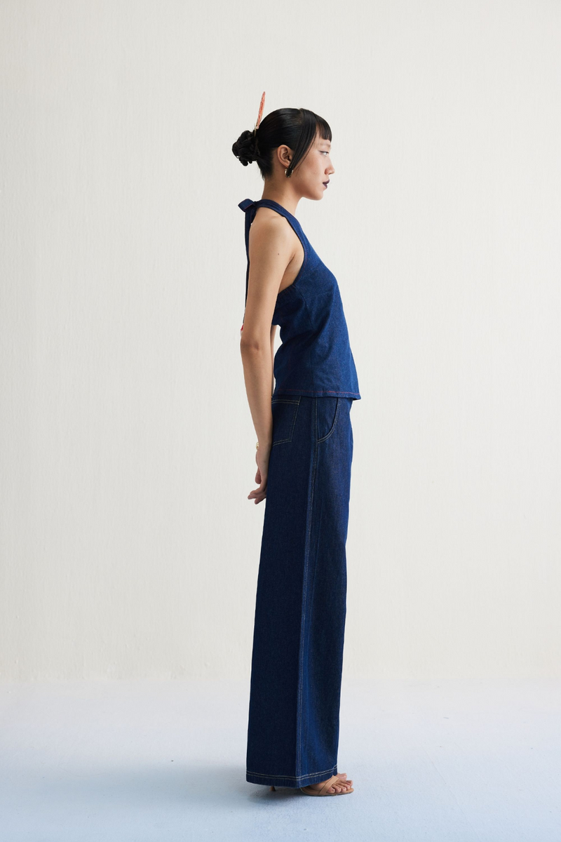 Deepwater Denim Halter Top cotton by SUI in blue color for women Worldwide