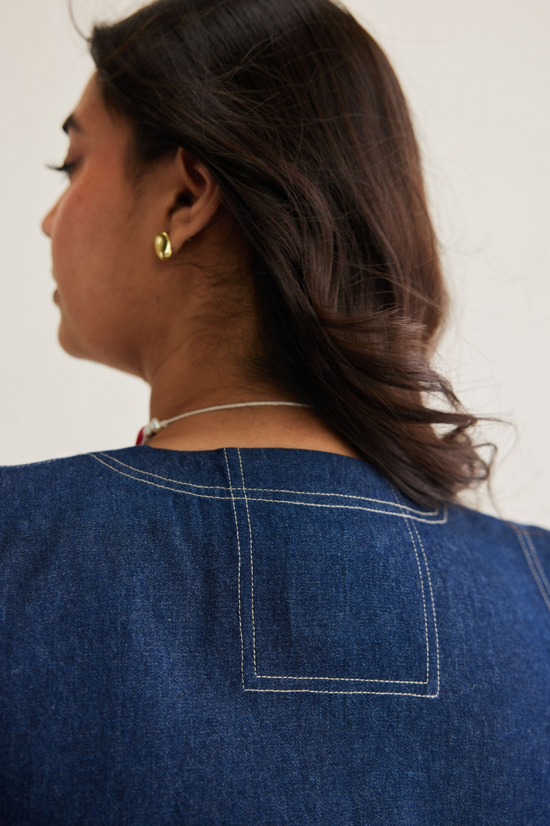 Deep Blue Sustainable Denim Dress cotton by SUI in blue color for women Worldwide