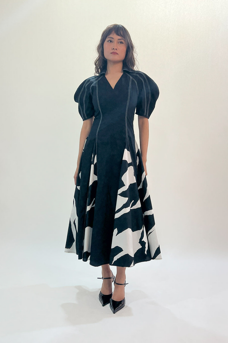 Stream Godet dress 100% cotton by Leh Studios in black color for women Worldwide