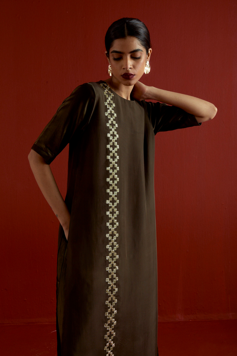 GOTA PATTI DETAIL DOUBLE LAYER DRESS-DARK OLIVE satin by THREE in olive color for women Worldwide