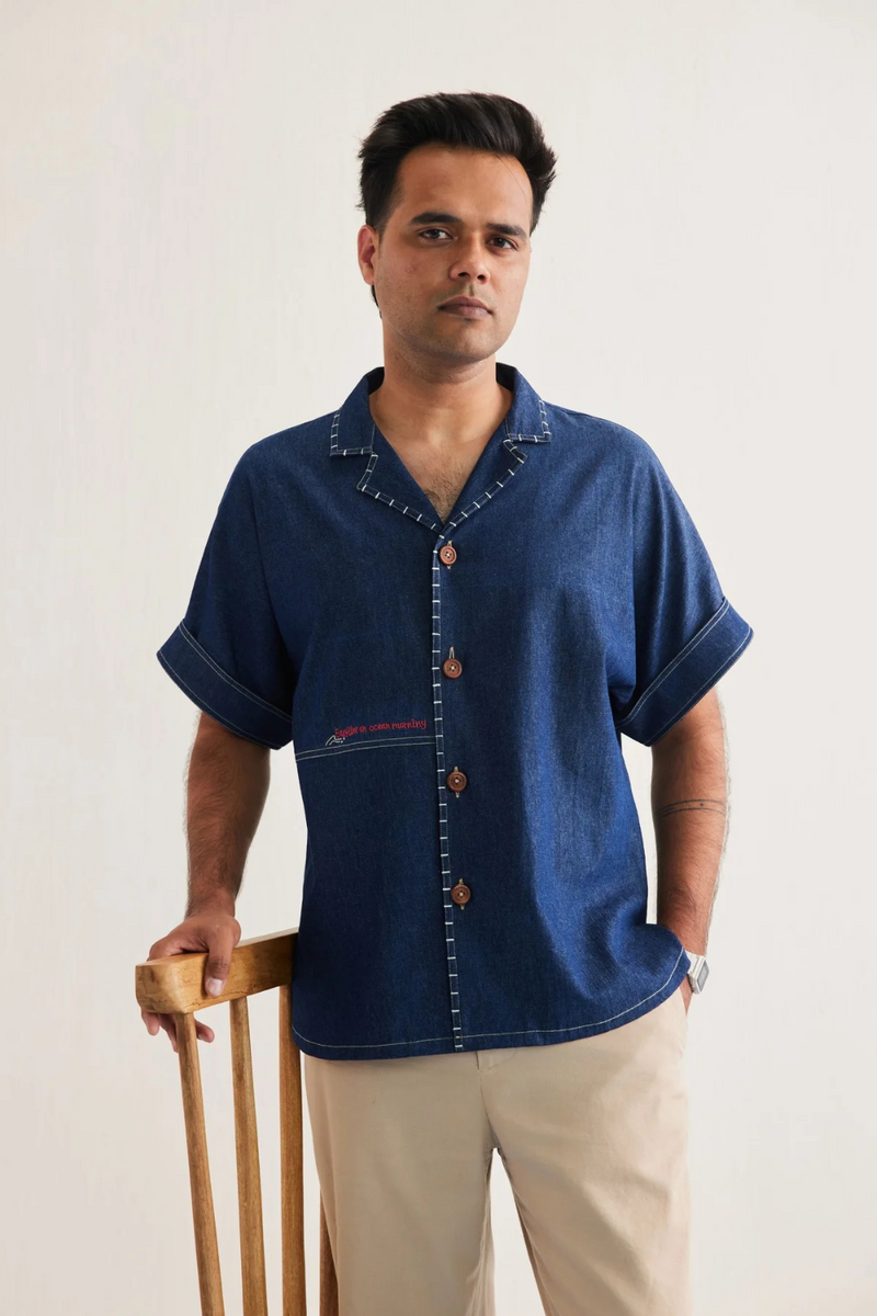 Ocean Morning Sustainable Denim Shirt cotton by SUI in blue color for men Worldwide