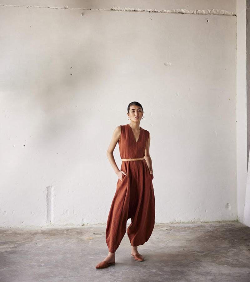 Morning Glory Jumpsuit linen Jumpsuits by Khara Kapas in red for for women  Worldwide