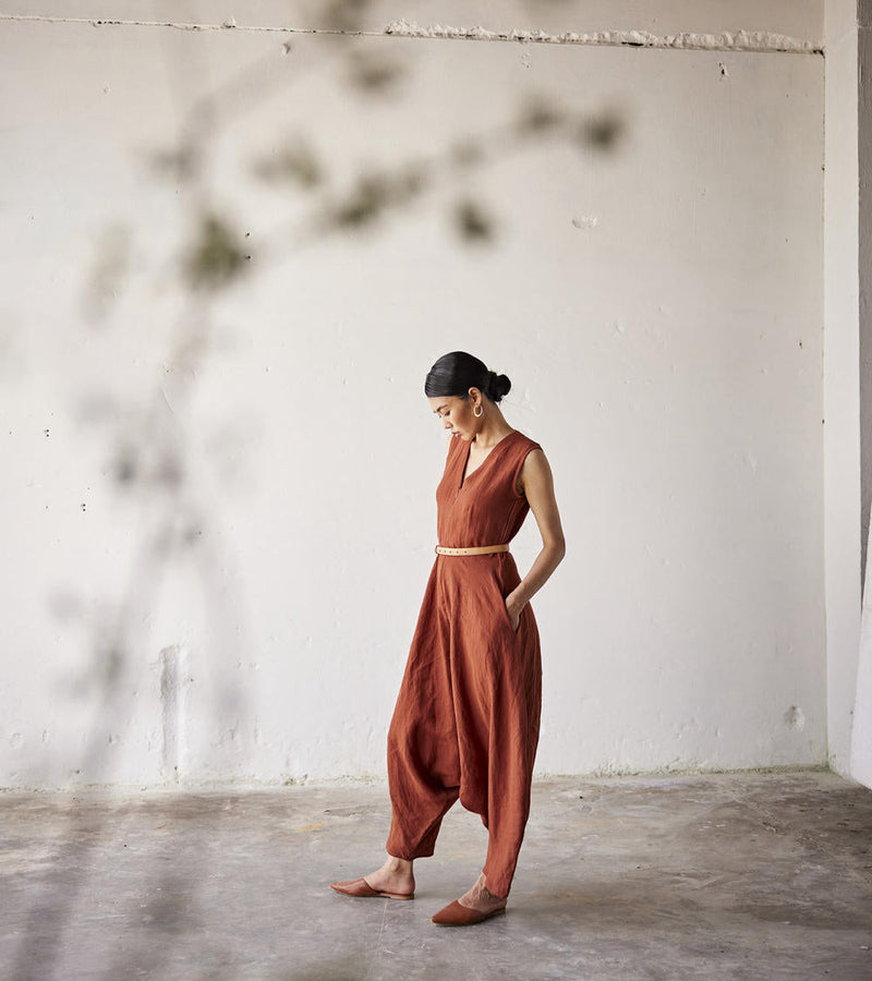 Morning Glory Jumpsuit linen Jumpsuits by Khara Kapas in red for for women  Worldwide