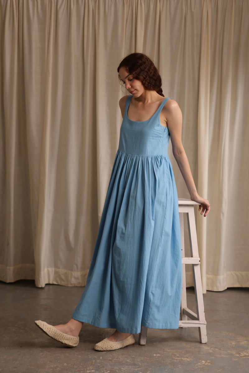 Mia Dress- Cornflower cotton by MASON AND MILL in blue color for women Worldwide