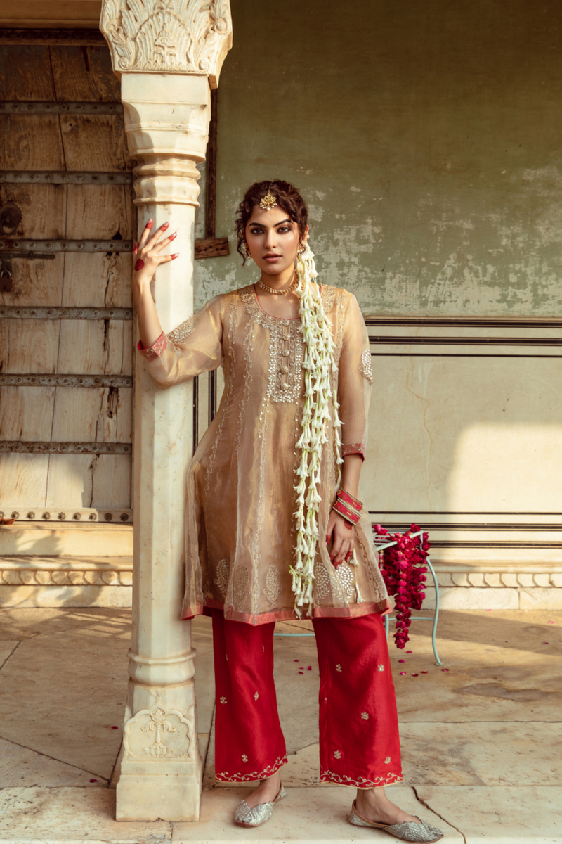 Golden Tissue Silk Kurta Set silk by Maison Shefali in multi color for women Worldwide