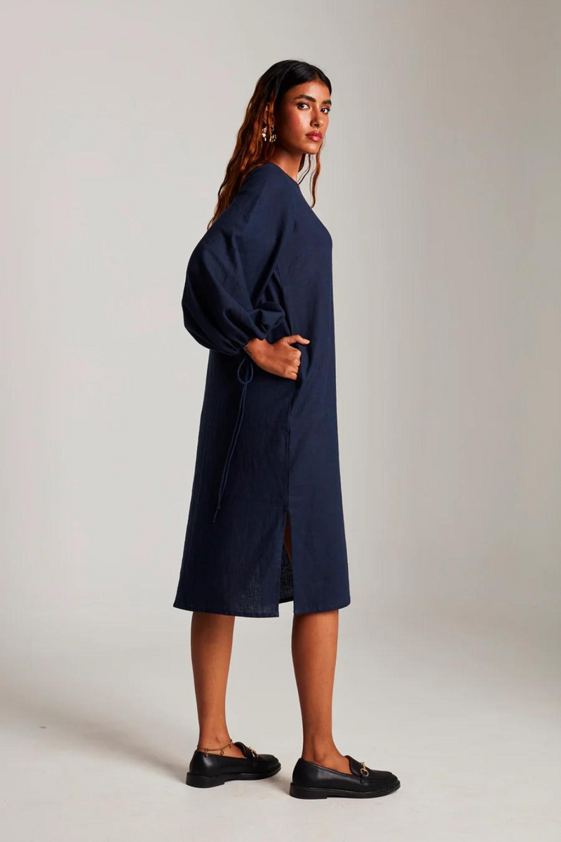 Navy Co-Linen Balloon Sleeves Dress cotton by Saphed in navy color for women Worldwide