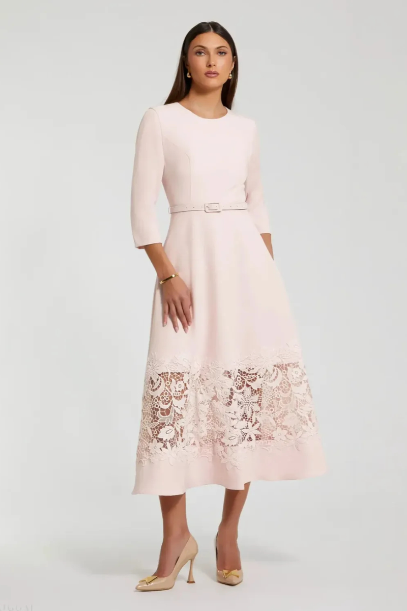 Pink Crepe Boat Neck Midi Dress With Applique Cut Out by Mac Duggal in blush color for women Worldwide