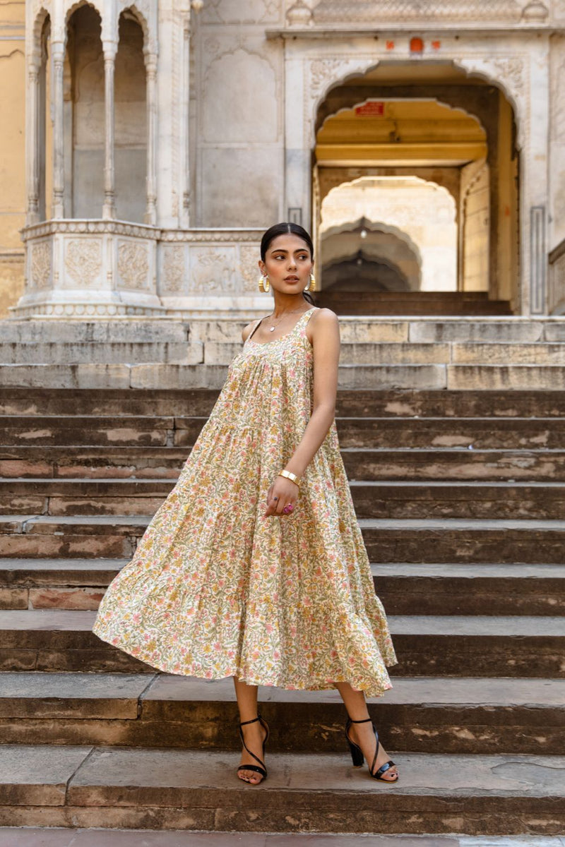 Margarita Dress - Printed Cotton Tiered Midi Dress cotton Dress by Marche in green color for women Worldwide