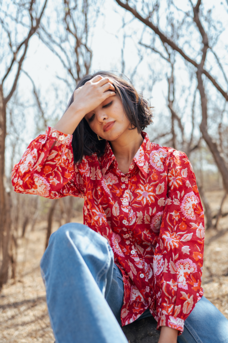 Amer Shirt - Handblock Printed Cotton Shirt cotton by Marche in red color for women Worldwide