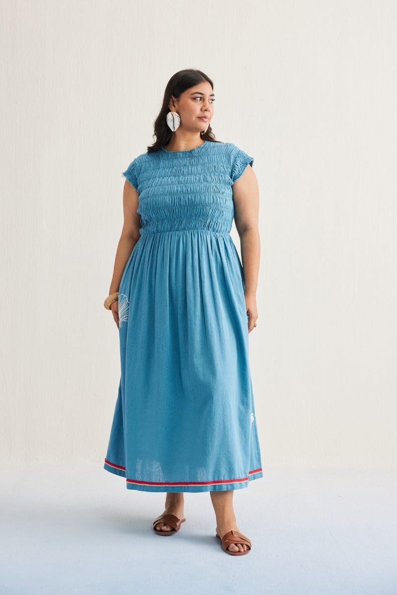 The Azure Handwoven Kala Cotton Maxi Dress cotton by SUI in blue color for women Worldwide