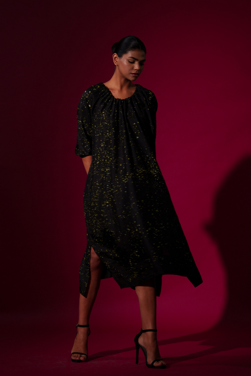 Duality Dress-Black + Leaf Green mysore silk dresses by Stoique in black, leaf green for women Worldwide