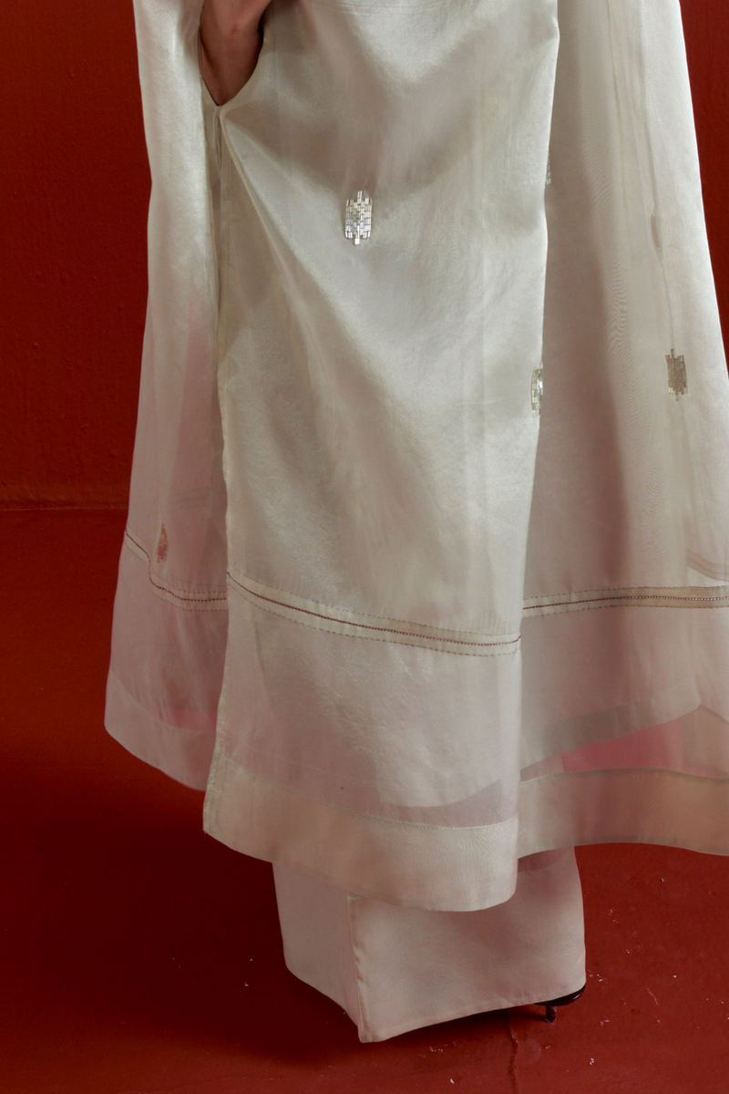 EMB. GATHER NECK SHIRT CO-ORD-METALLIC GREY tissue by THREE in grey color for women Worldwide